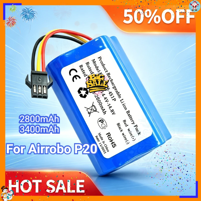 New 14.8V 2800mAh/3400mAh Rechargeable Replacement Li-ion Battery for Airrobo P20 Robot Vacuum Cleaner Capacity Upgrade