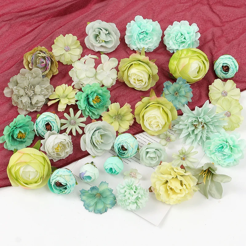 Green Rose Artificial Flowers Heads Silk Fake Flowers for Home Decor Marriage Wedding Decoration DIY Craft Wreath Gift Accessory