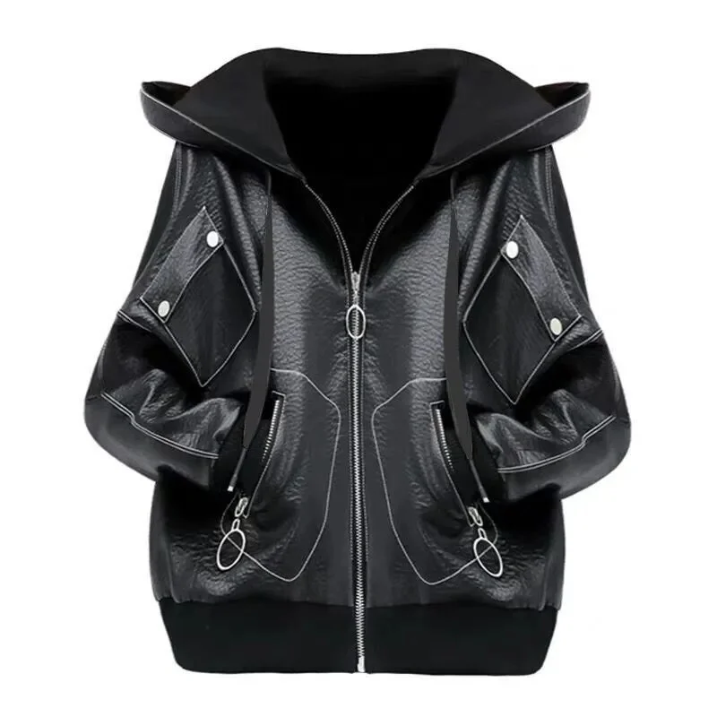 Spring Autumn Short PU Leather Jacket Women New Loose Hooded Coat Pure Colour Thicken Top Fashion Zipper Pocket Outerwear Female