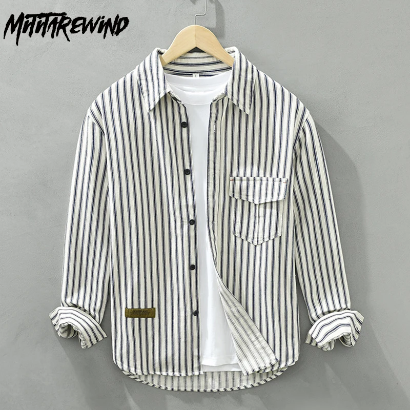 

Japanese Vintage Long Sleeve Shirts Men Four Seasons Youth Daily Loose Striped Shirt Square Collar 100% Cotton Shirt Simple Tops