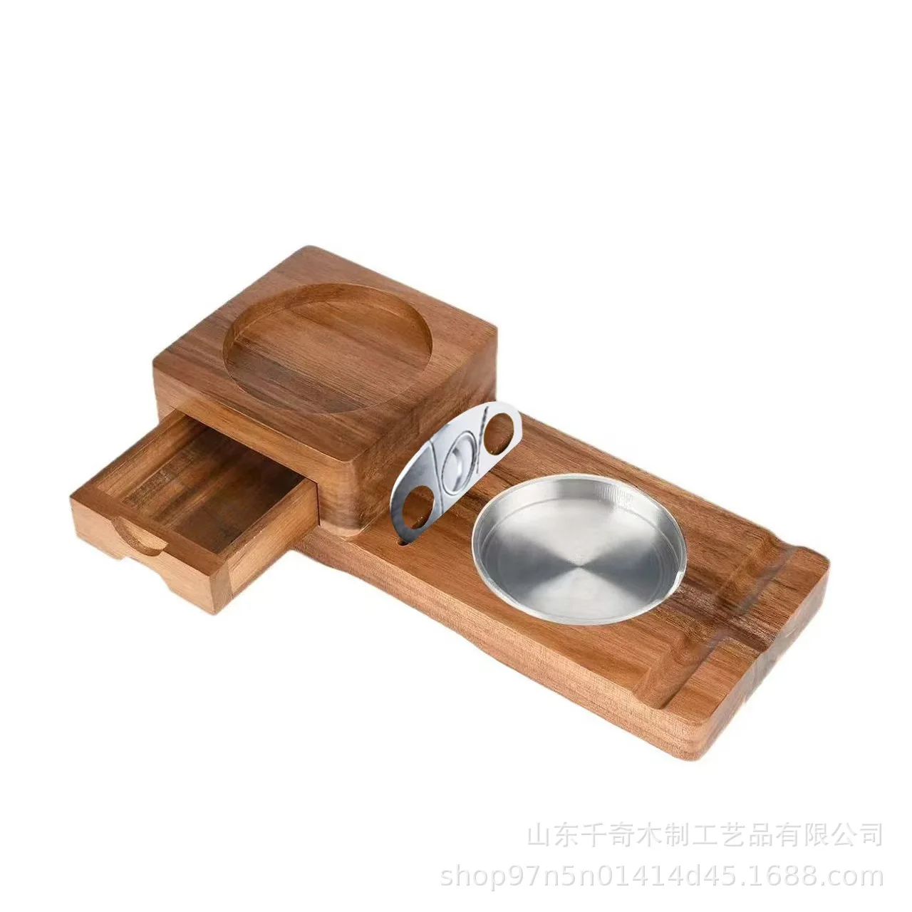 Solid Wood Cigar Ashtray with Cigar Drawer, Whisky Glass Holder, Tray, and Cigar Box Compartment