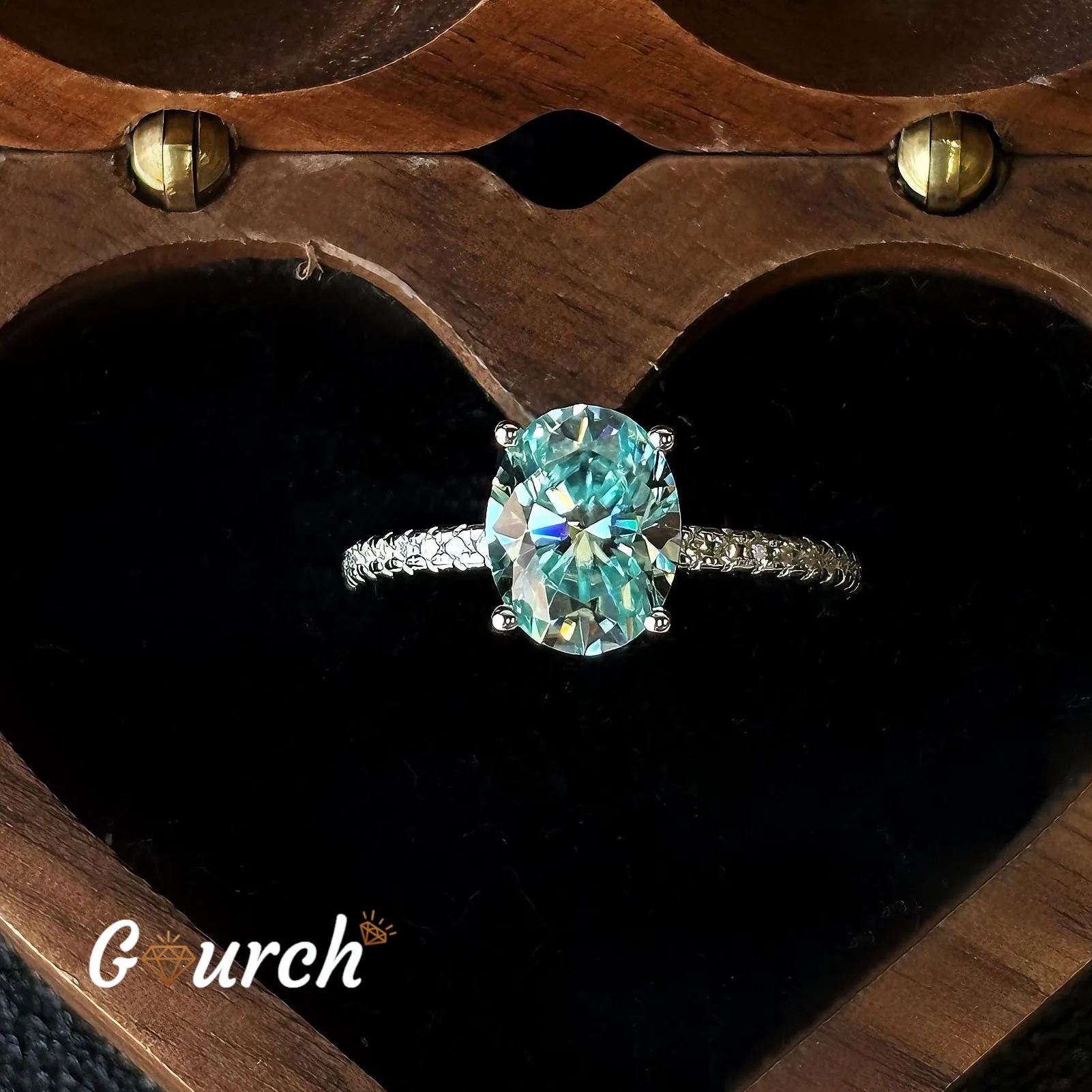 Gourch Elegant 1/2CT Medium Blue Oval Moissanite Ring D Color VVS1 S925 Sterling Silver Anniversary Party Jewelry Gift for Women