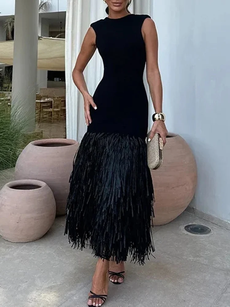 VGH Elegant Slimming Dresses For Women Round Neck Sleeveless Backless High Waist Spliced Tassel Solid Bodycon Long Dress Female