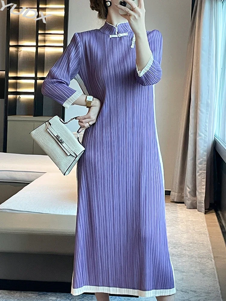 

YUDX Miyake Pleated Split Dress Women Solid Color Stand Collar Full Sleeve Loose Elegant 2023 Fashion Evening Party Niche Design