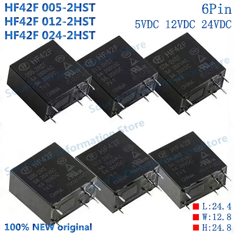 10PCS HF42F 005 012 024-2HS/2HST 5V 12V 24VDC Two Group Normally Open 6 Pin 5A250VAC Power Relay 100% New original