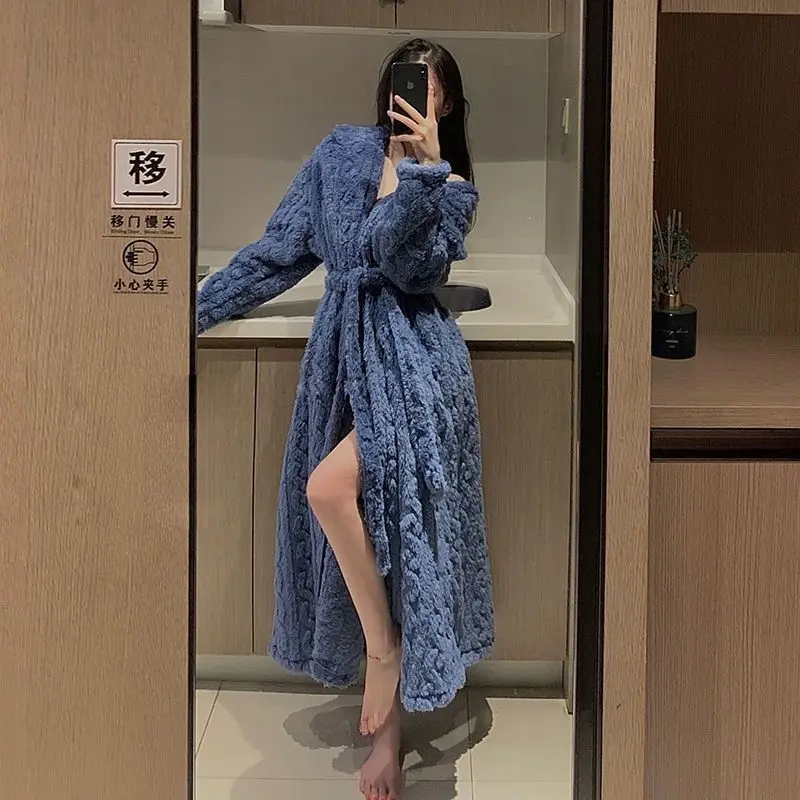 Coral Fleece Long Robe Kimono Gown Winter Warm Flannel Nightdress Bathrobe Casual Sleepwear Intimate Lingerie Thicken Homewear