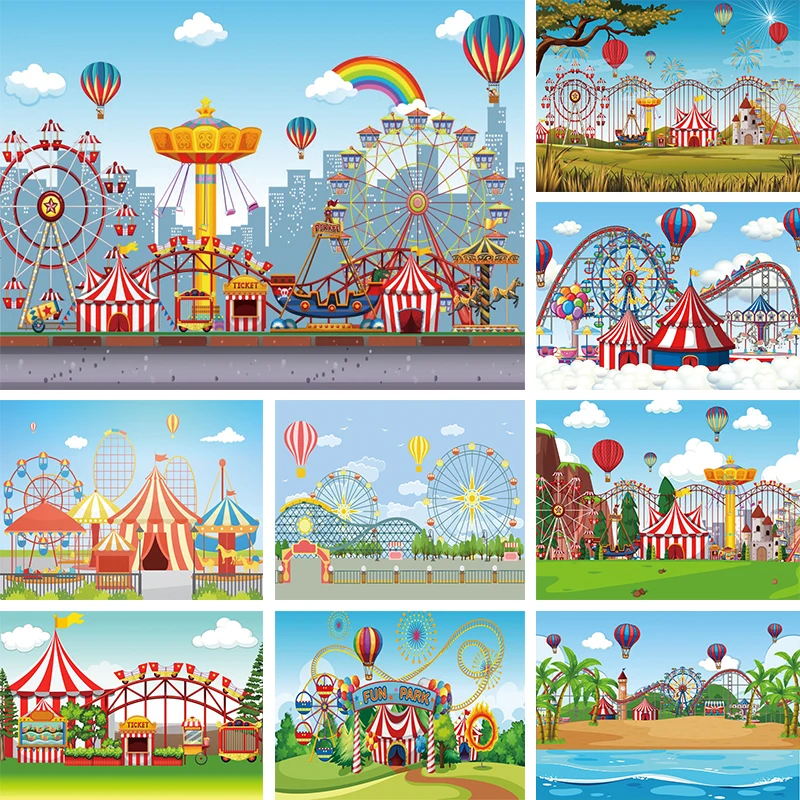 

Fairground Theme Party Decoration Backdrop for Kids Birthday Party Circus Tent Banner Amusement Park Photogarphy Background Prop