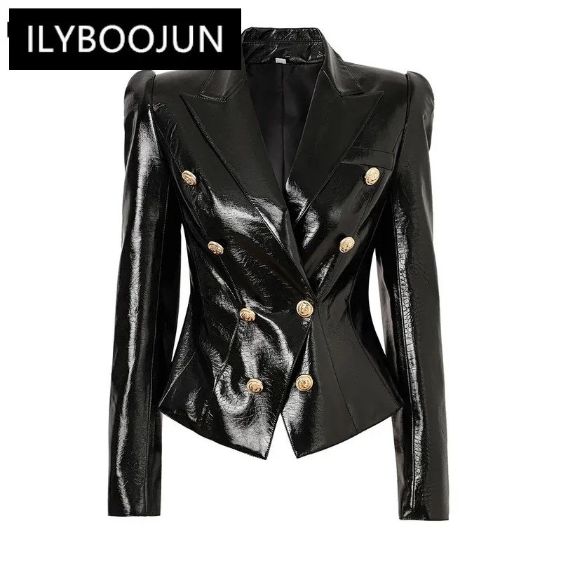 

2024 Latdesign Soomth Pu Leather Black Quality Blazer Double Breasted Buttons Women Jackets High