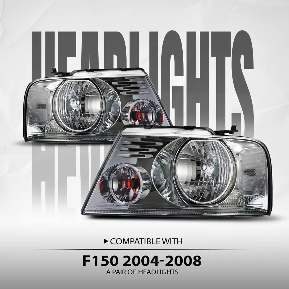 Compatible with 2004-2008 F150 and 2006-2008 Mark LT, Front Headlamp Assembly Left and Right, Clear Lens Chrome Housing Clear Re