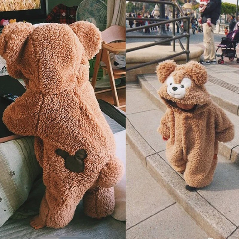 

Baby Girl Clothes 2 Color Cute Plush Bear Baby Romper Comfortable Keep Warm Hooded Zipper Boys Romper 1-4 Year Kids Clothes