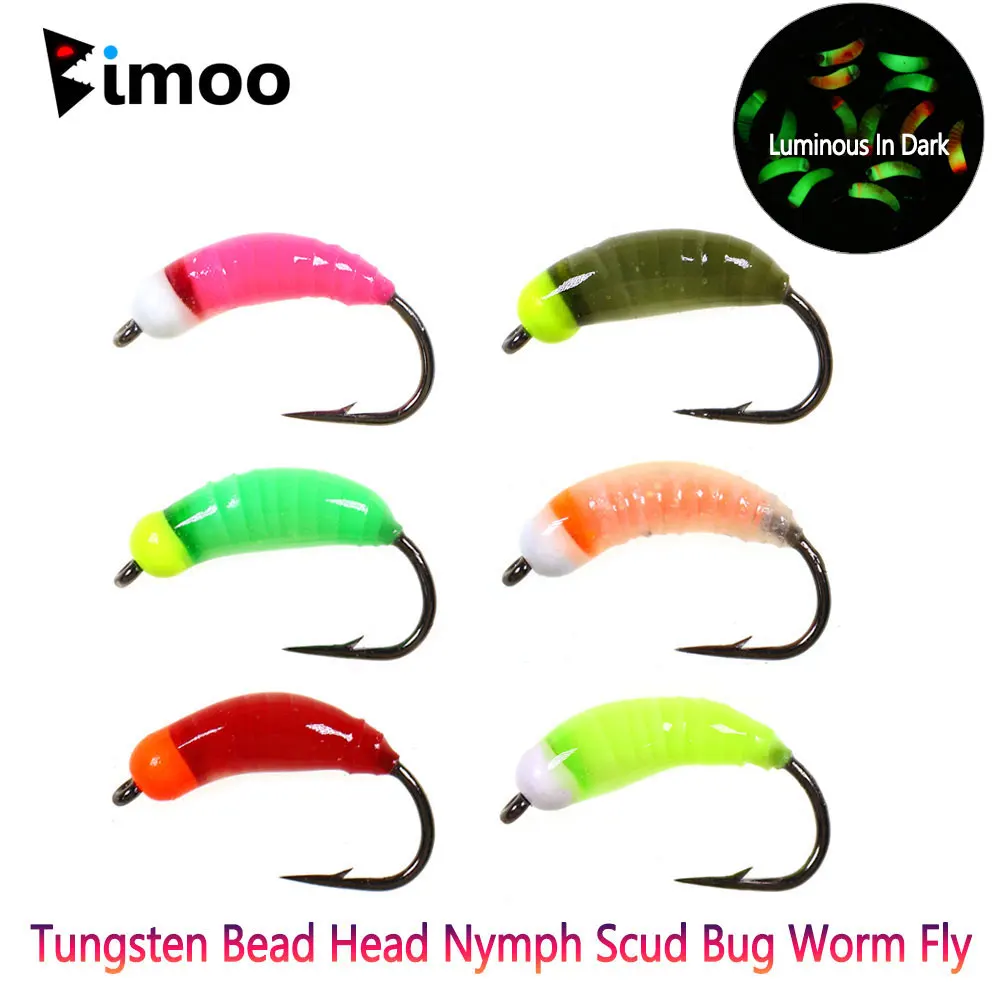 Bimoo #8 Luminous Tungsten Bead Head Nymph Scud Bug Worm Fly Barbed Caddis Larvae Insect Baits Fast Sinking Trout Fishing Lures