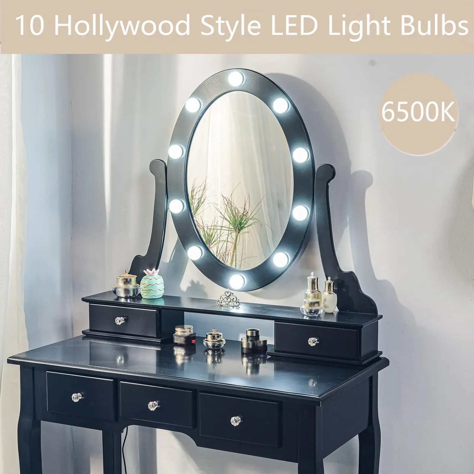 Modern Vanity Table Set with Lighted Oval Mirror, 5 Drawers, Cushioned Stool, 3 Lighting Modes - Makeup Desk for Bedroom, Girls & Women - White