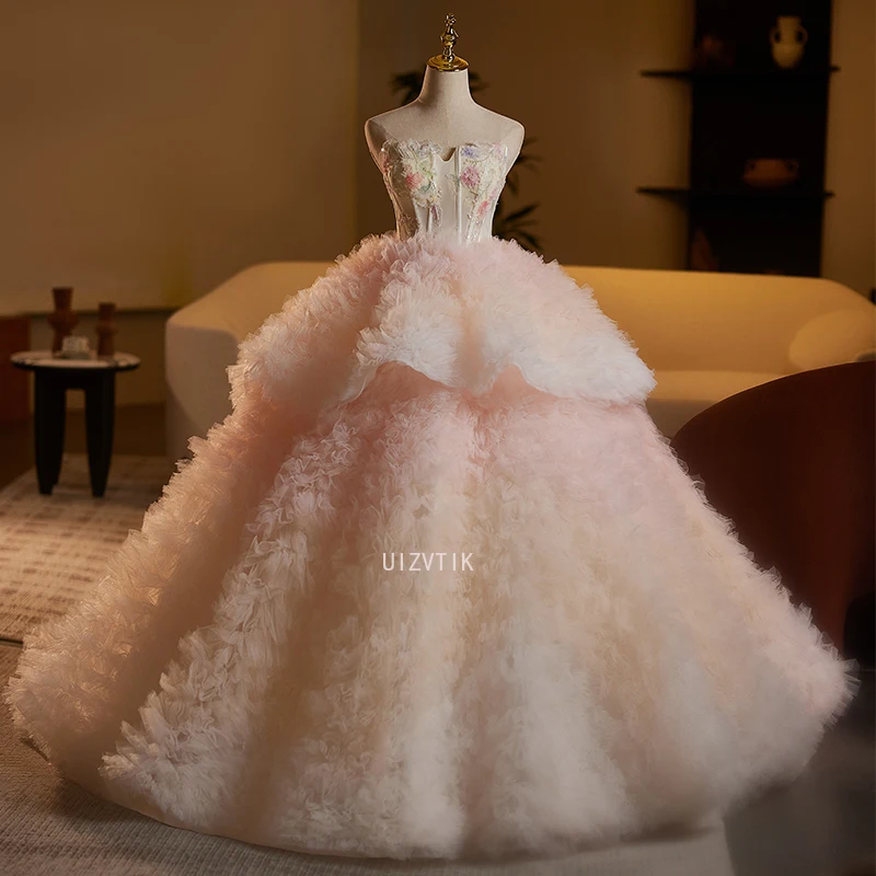 

Pink Prom Dress A-Line Pleated Strapless Sleeveless Floor Length Lace-up Backless Princess Wedding Party Luxury Evening Gown