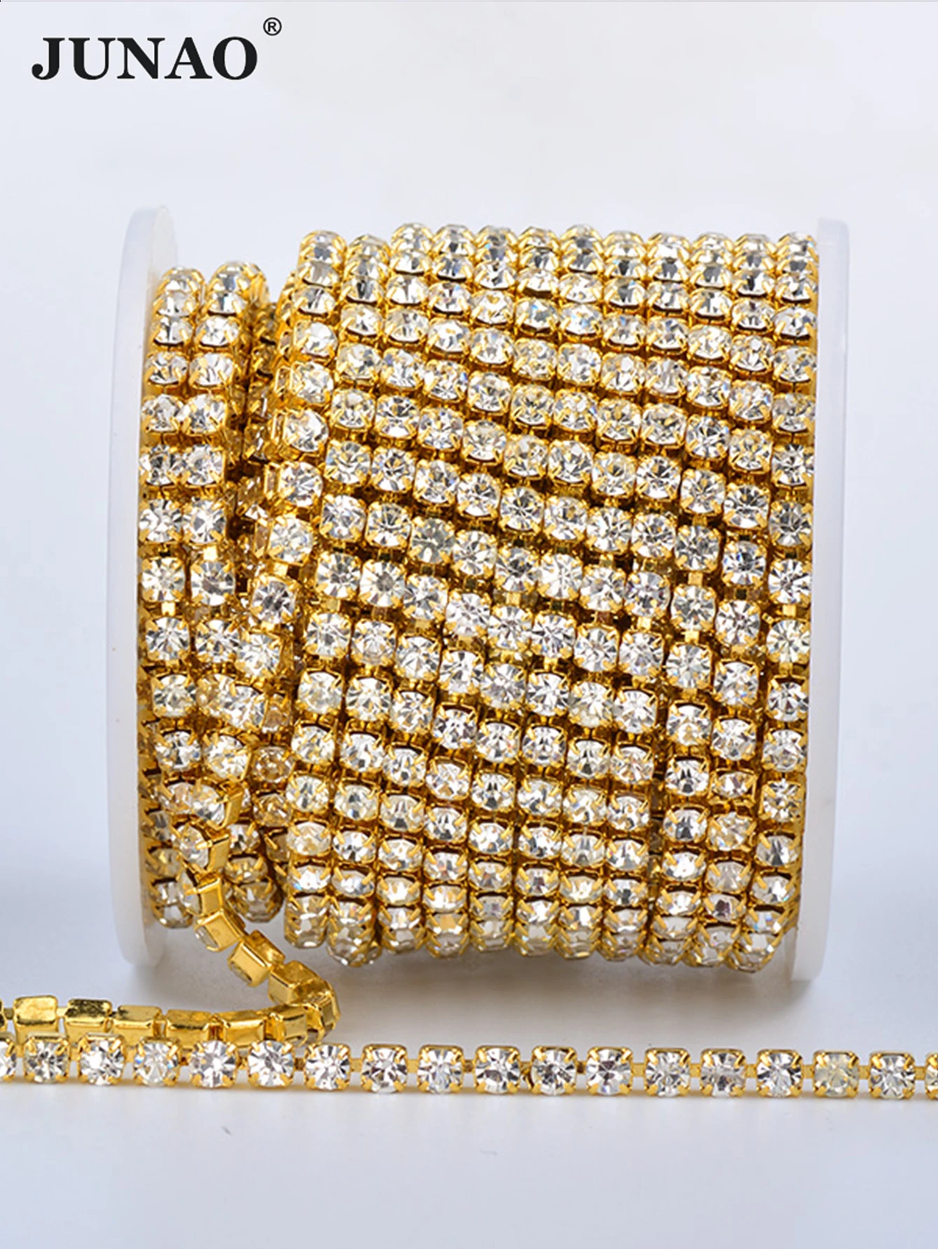 JUNAO SS6 8 10 12 16 18 Clear AB Glass Rhinestones Chain Crystal Ribbon Silver Metal Trim Strass Banding for Clothes Crafts