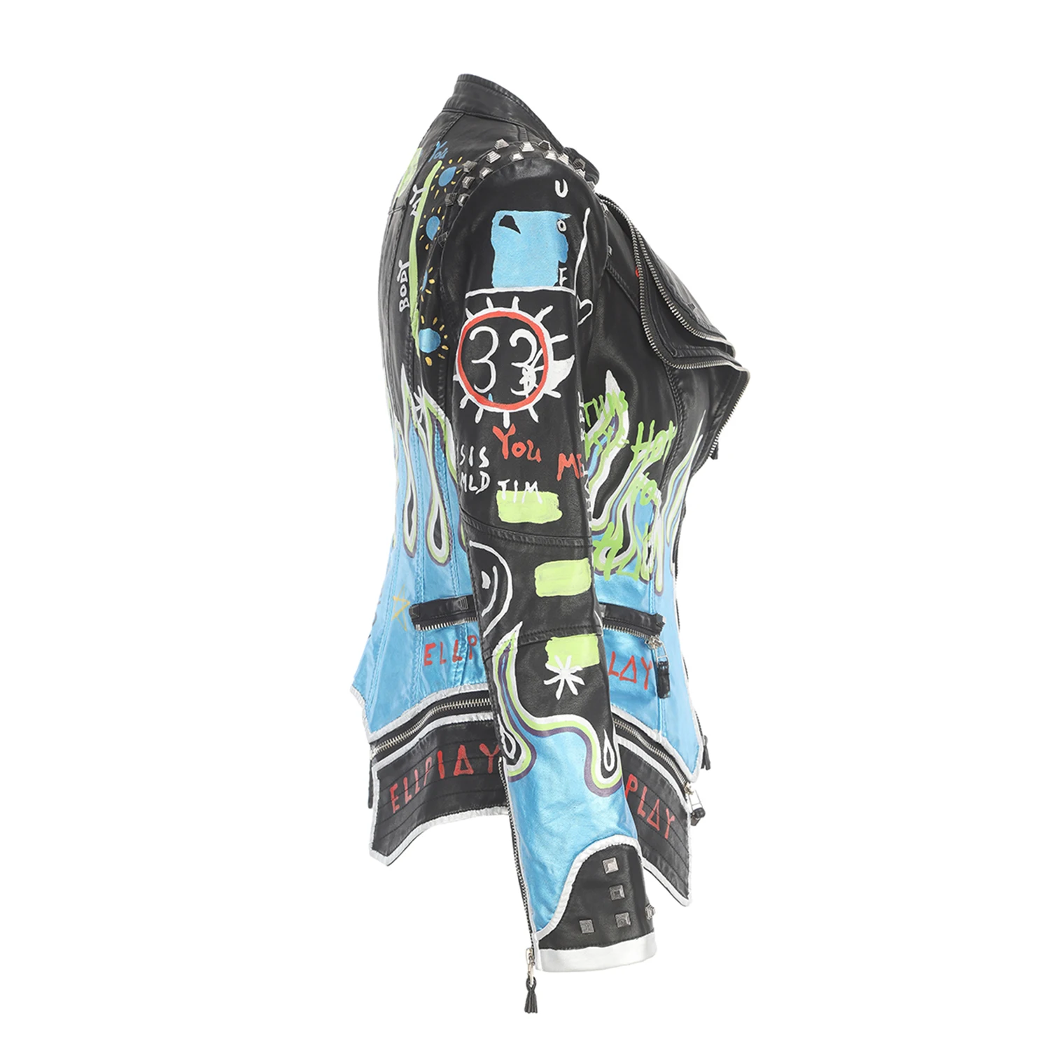 Jaket Wanita Motif Grafiti Floral, Kulit Imitasi, Berhias Paku dan Rivet, Kerah Pendek, Model Slim Fit, Gaya Streetwear