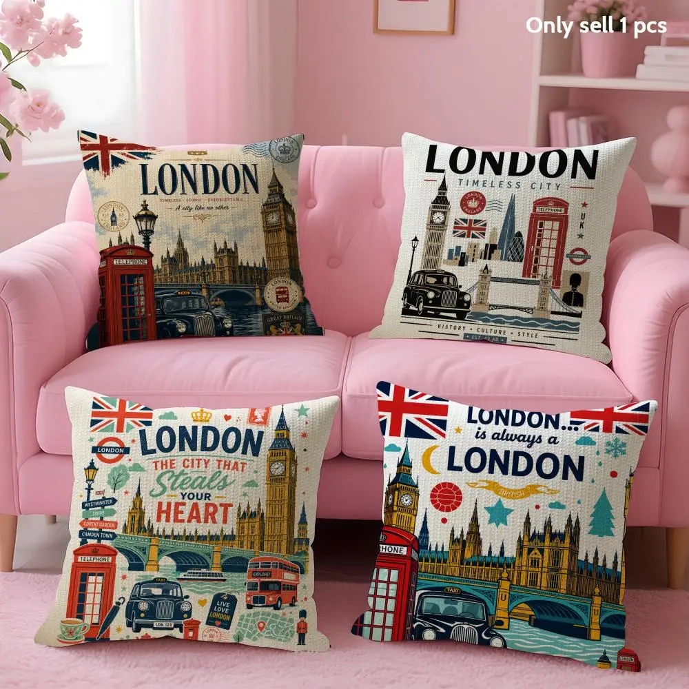 London-Themed Design Cushion Cover Linen Organic Fabric Double-Sided Printing Sofa Breathable Home Decor Gift Pillow Case