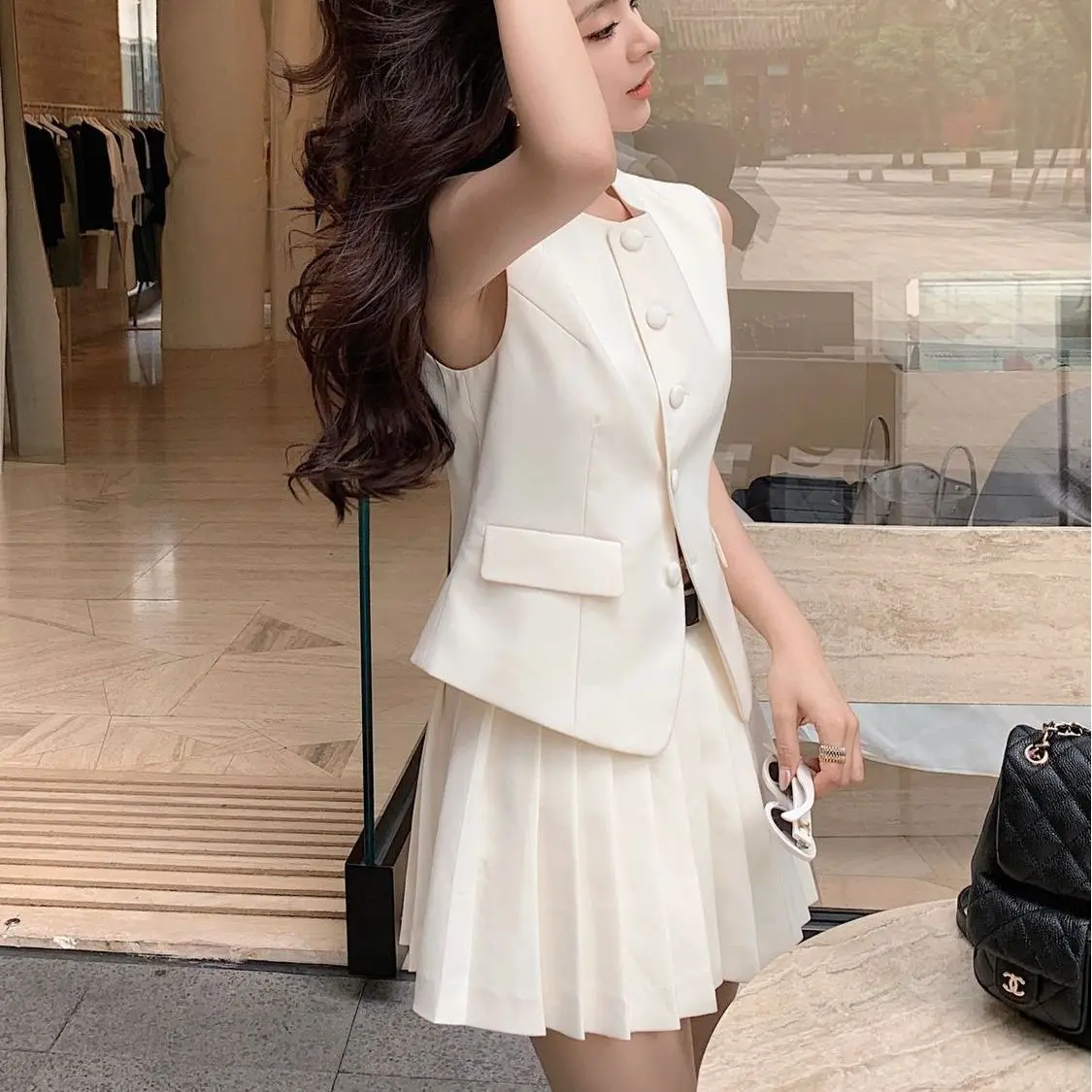 Korean Fashion Summer Pleated Skirt 2 Piece Set Women Elegant Sleeveless Button Tops+Wide Leg Pants Suits Y2k Casual Outfits