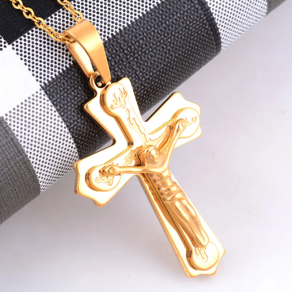 Christian Jesus 316L Vintage Mens Width 35mm Stainless Steel Religion Cross Pendant Necklace Chain Jewelry Gift