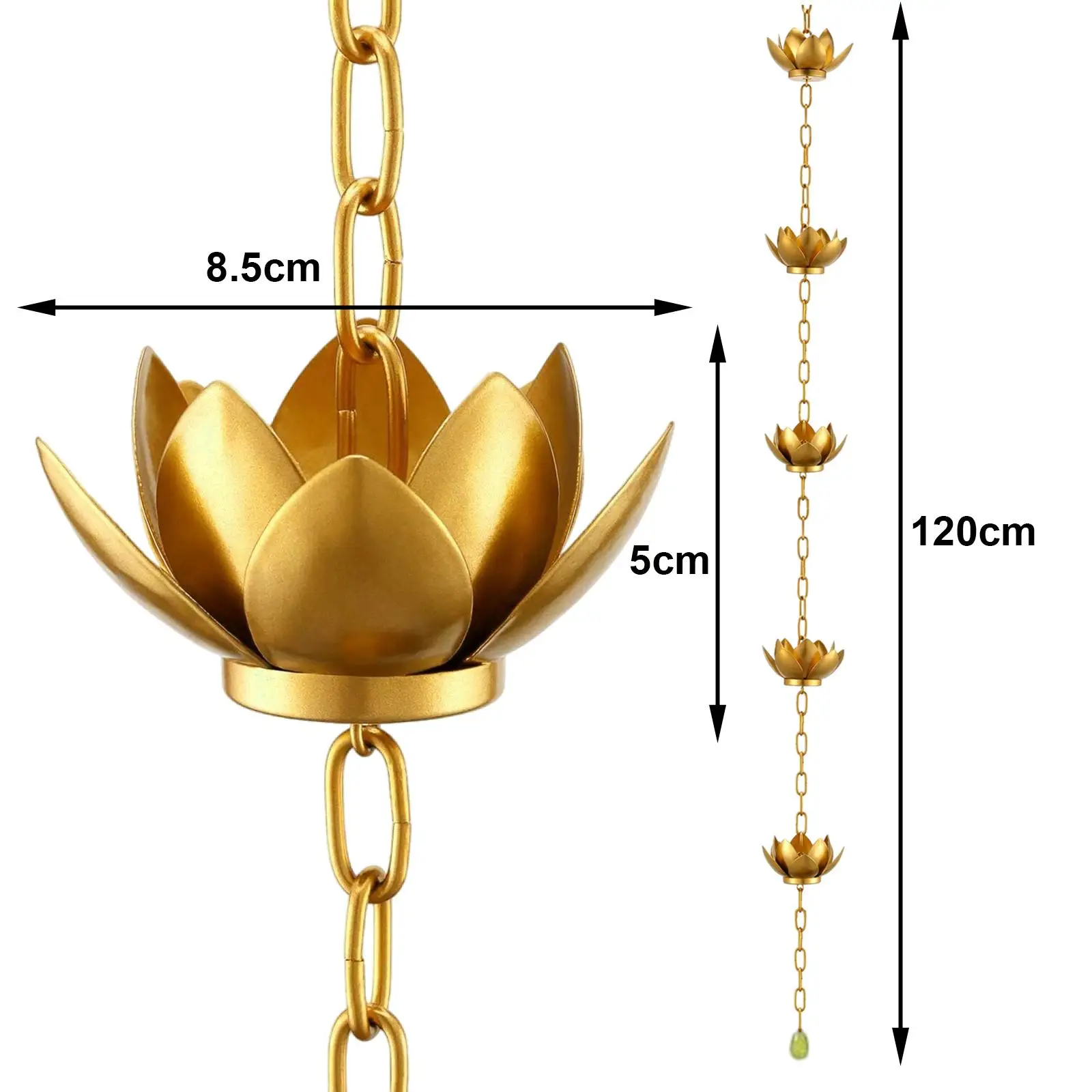 雨どい用の蓮の鎖樋、注ぎカップ、フラワーカップ、屋外用の雨水キャッチャーチェーン、家の庭、屋根の日よけ