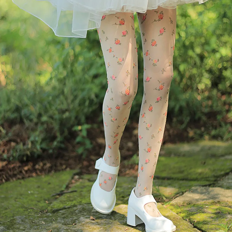 AAA New Women Floral Pantyhose Base Socks Sweet Girl Design Matching Dress Student Female Super Good looking 40-52kg Black Skin
