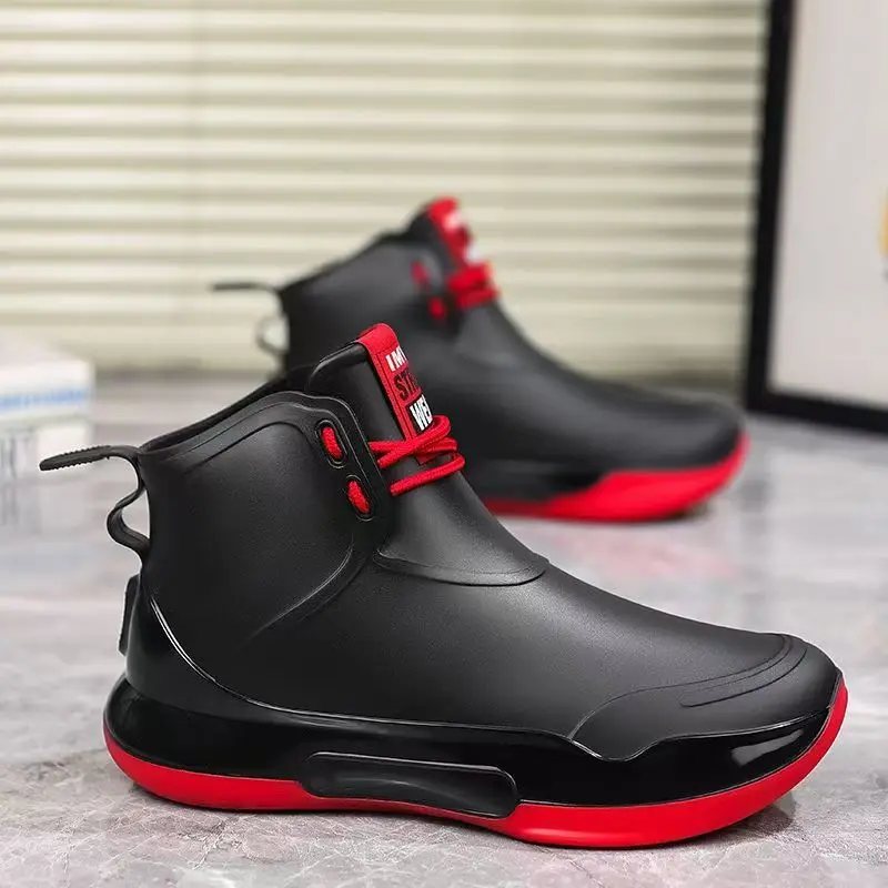 Men's Flat sole Lace Up Ankle Rain Boots Four Seasons New Unisex Thick Sole Non Slip Round Toe Waterproof Outdoor Work Shoes