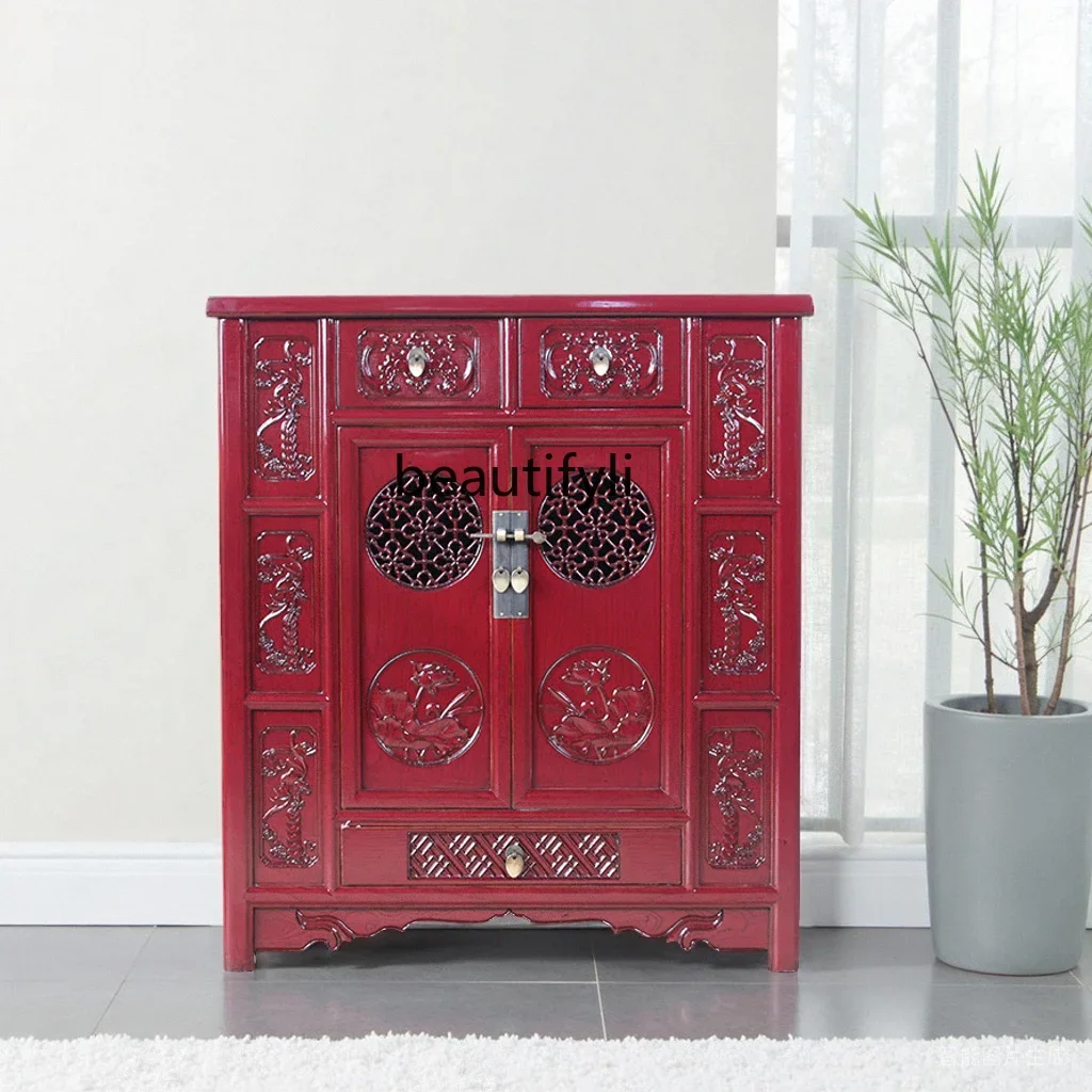 New Chinese Style Solid Wood Shoe Cabinet Entrance Hall Cabinet Antique Imitation Old Elm Wood Carved Gold-Embellished Cabinet