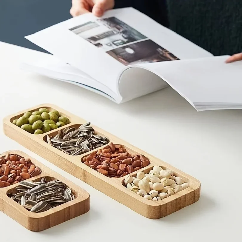 1pc Bamboo 4-Section Snack Serving Tray - Ideal for Nuts, Fruits, and Candies , Dining Area, or Zen Tea Room Decor