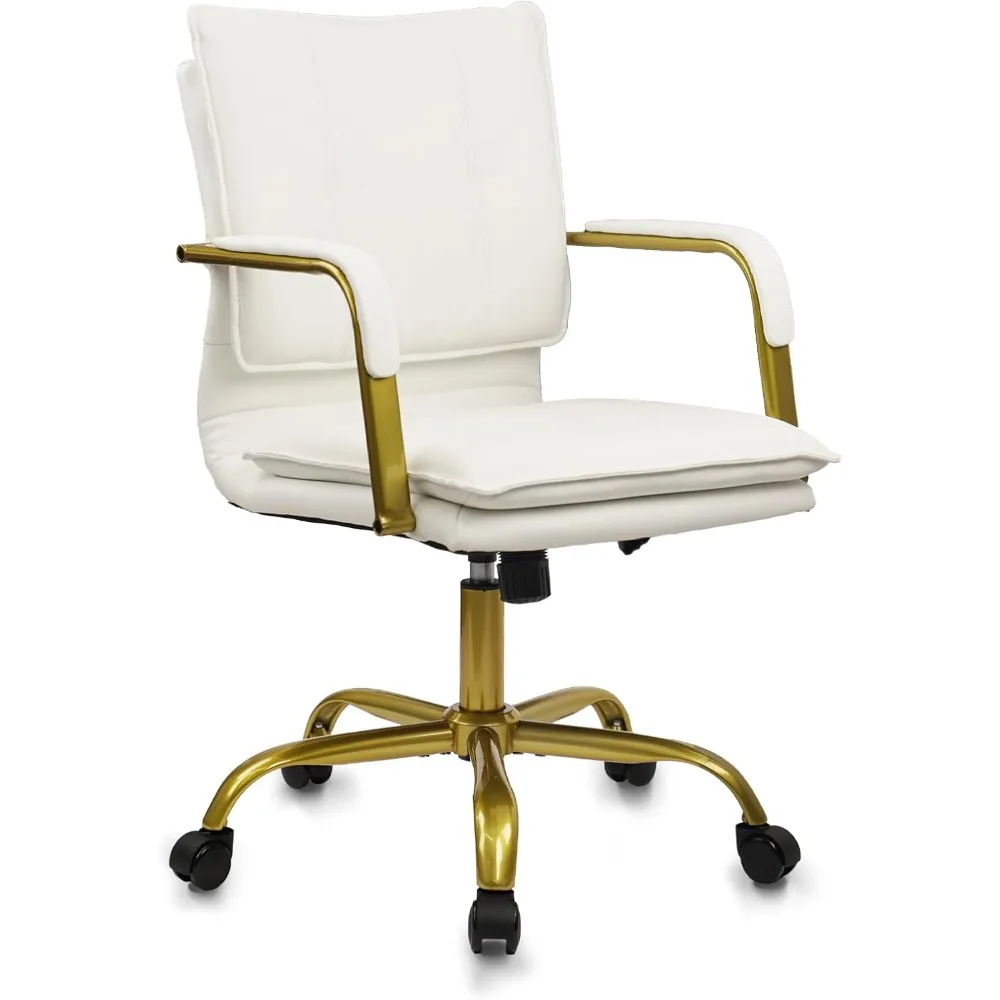 

Leather Home Office Desk Chairs, Swivel Mid-Back Computer Chair with Golden Legs and Arms, Comfy Upholstered Task
