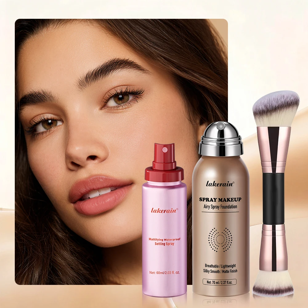 Airy Spray Foundation & Mattifying Waterproof Setting Spray With Dual Brush Makeup Set Non-Sticky Waterproof Face Makeup Set
