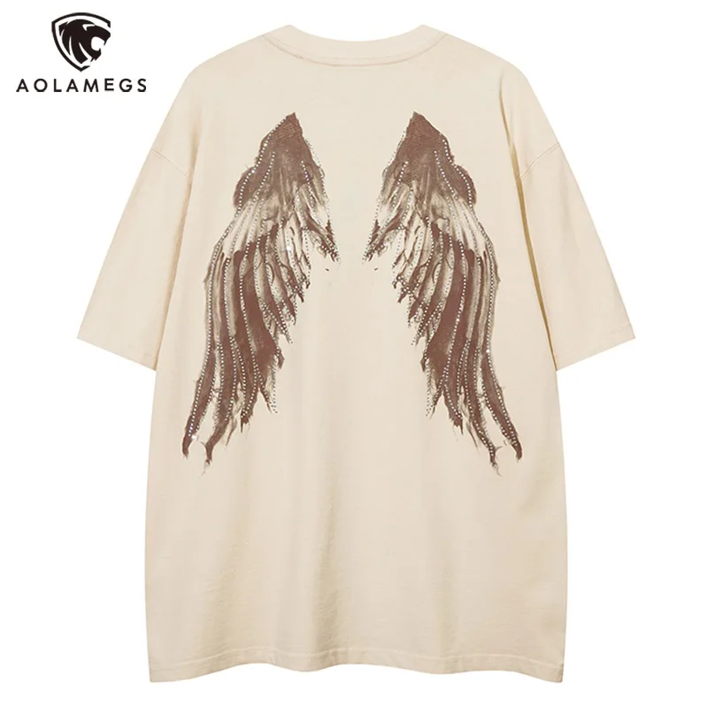 

Aolamegs Men Oversized T Shirts Angel Wings Vintage Short Sleeve T Shirt Hip Hop Streetwear 3 Colors Optional Casual Couple Tops