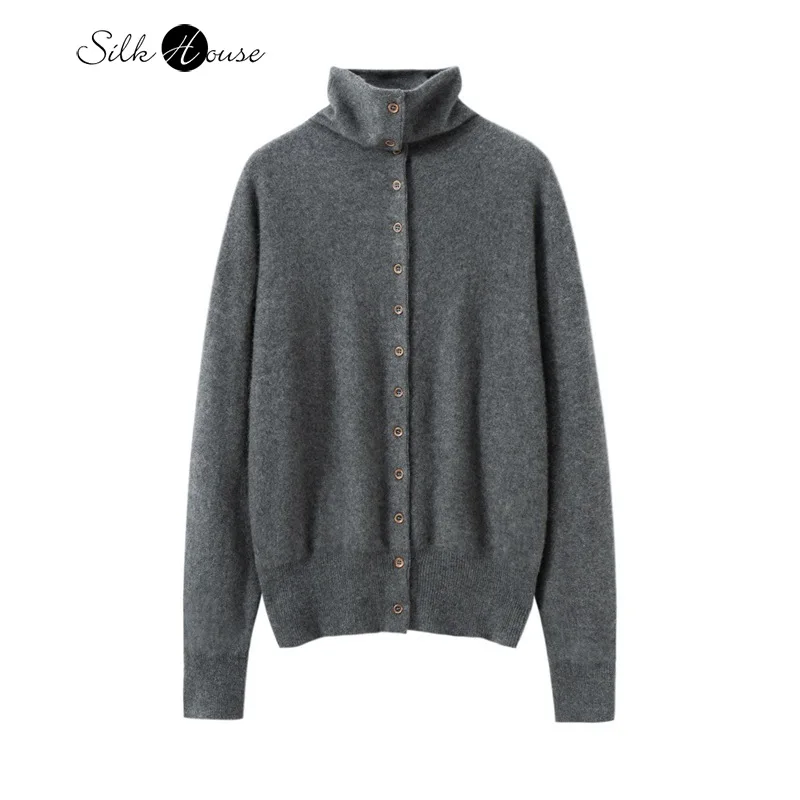 

2025 Women's Autumn/Winter New Collection 30% Cashmere 70% Wool Women's High Neck Comfortable Warm Knitted Cardigan