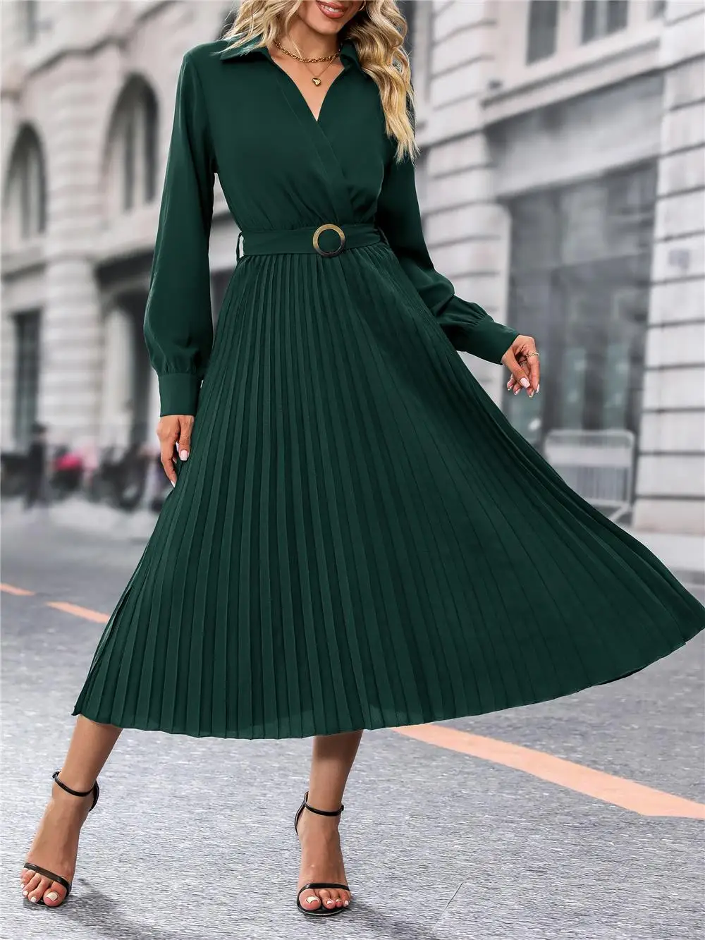 FICUSRONG  Women Autumn Winter Fashion Long Sleeve Soild Elegant V-neck Chiffon Casual A-Line Knee Length High Waist Dress