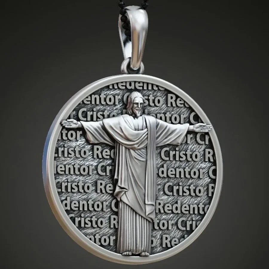 9g Christ The Redeemer Cristo Redentor Round Shape Gold Pendant 925 Solid Sterling Silver Pendant Punk Hollow