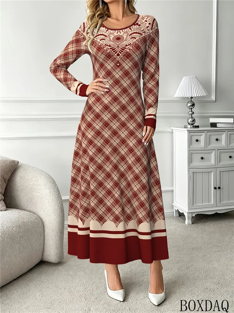 Autumn Winter Women Elegant Plaid Floral Print Maxi Dress Long Sleeve Round Neck A-line Chic Ladies Party Casual Long Dresses