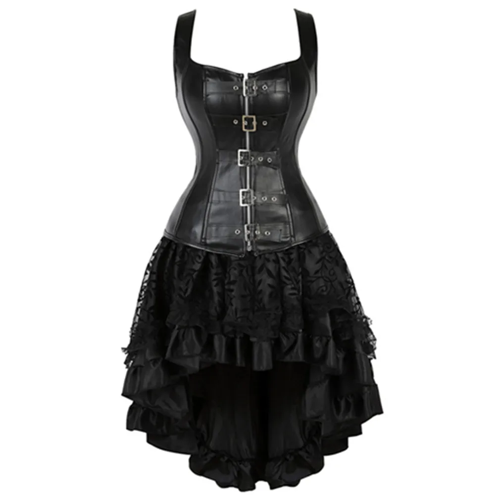 Steampunk Straps Corset Gothic Sexy Womens Faux Leather Overbust Corset Bustier Dress With Asymmetric Floral Lace Skirt Set