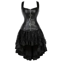 Steampunk Straps Corset Gothic Sexy Womens Faux Leather Overbust Corset Bustier Dress With Asymmetric Floral Lace Skirt Set