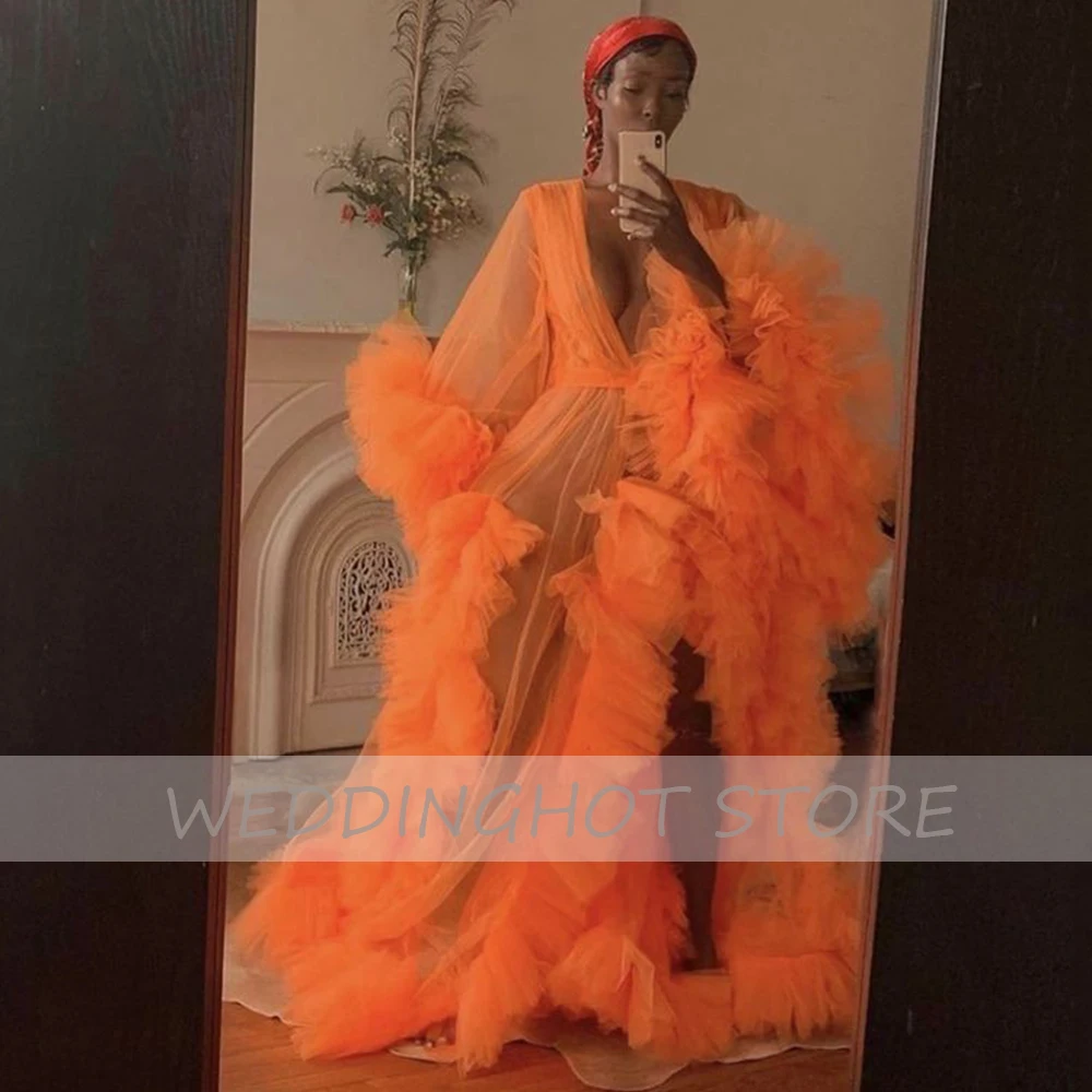 Tulle Kimono 2022 Orange Maternity Robe Long Sleeves Puffy Ruffle Bridal Beach Dresses Illusion Birthday Photoshoot Dress