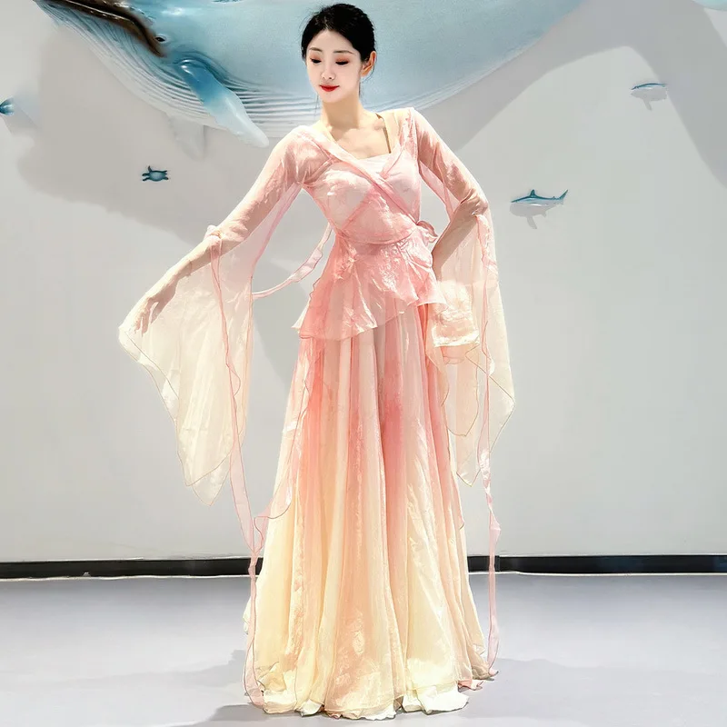 中国風のクラシックダンス衣装。上品で優雅な女性用ガーゼダンスウェア。練習用漢服ダンス衣装。