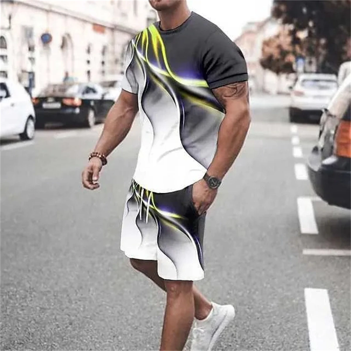 New Fashion T-shirt and Shorts Set Street Men's Clothing Men's set 3D Short Sleeve Loose Casual Colorful Line Printing suit