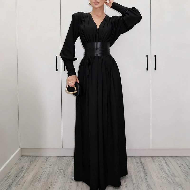 Elegante simples comute vestido longo 2025 outono inverno novo vestido feminino vintage lazer cintura alta plissado puff manga vestido de festa