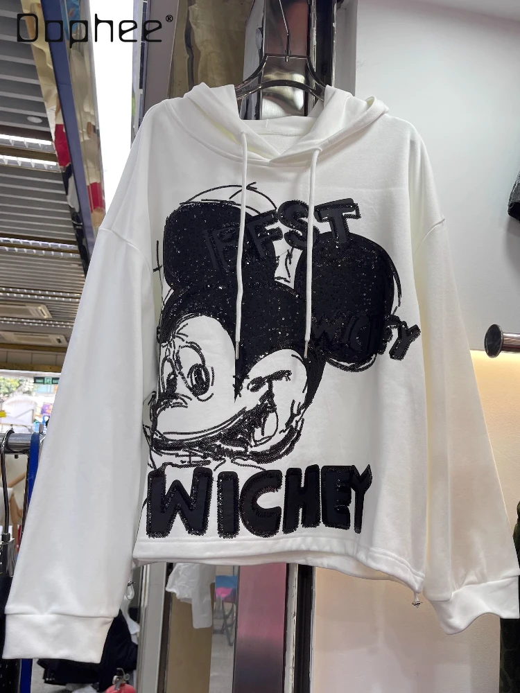 

Autumn Winter New Hooded Cartoon Sweatshirt Women European Heavy Craft Trendy Brand Sequin Print Pullover Top Hoodies Women