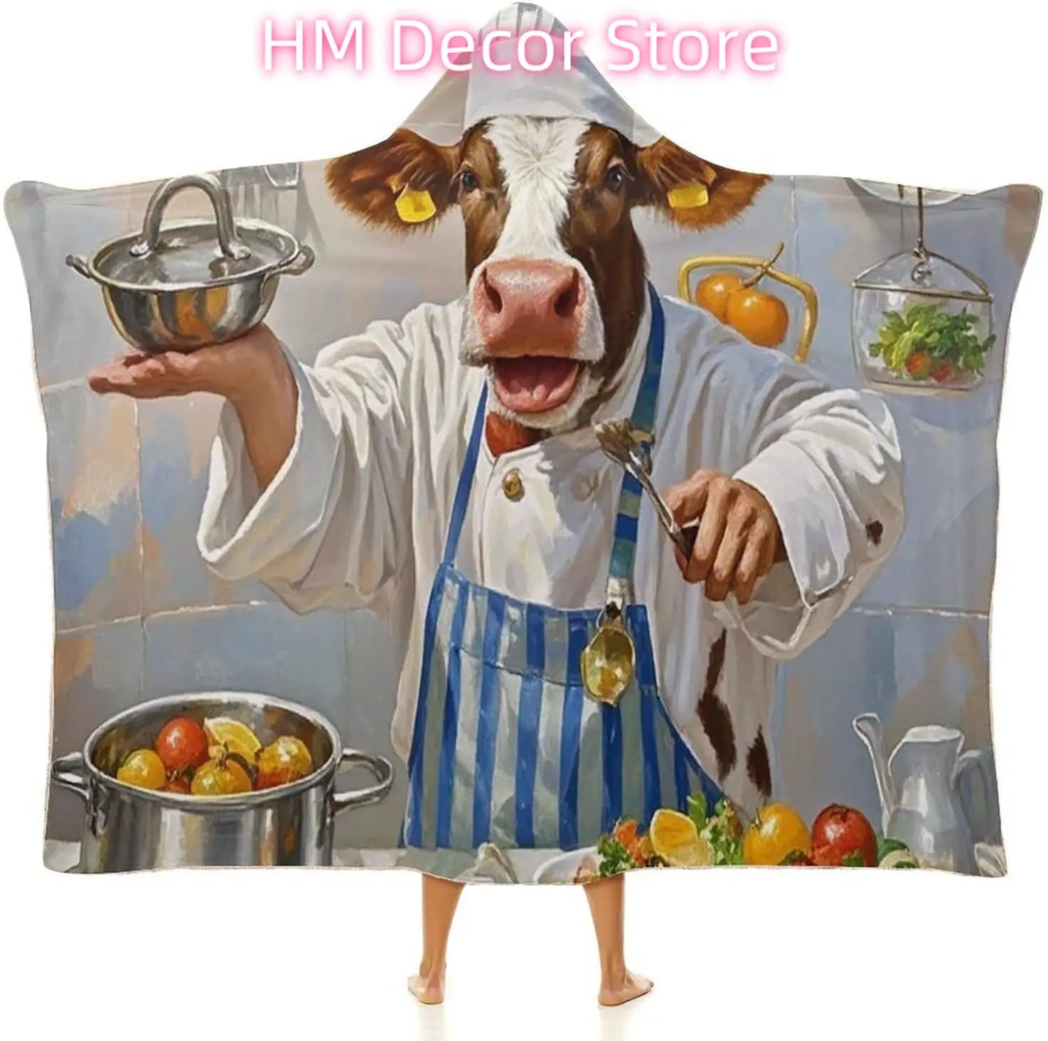 Cow in The Kitchen Wearable Hooded Blanket, Ultra Soft Arctic Velvet Cape Cloak Unisex - Cozy Wearable Blanket