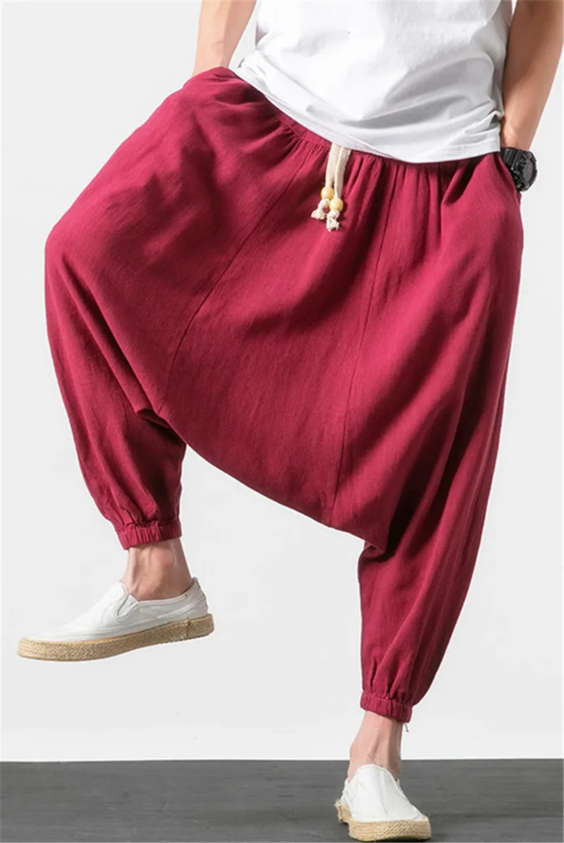 M-6XL 7XL حجم كبير الرجال القطن الكتان السراويل موضة 2025 الخريف طويل عبر السراويل الصيف الهيب هوب الرقص السراويل أسود غاري الأبيض