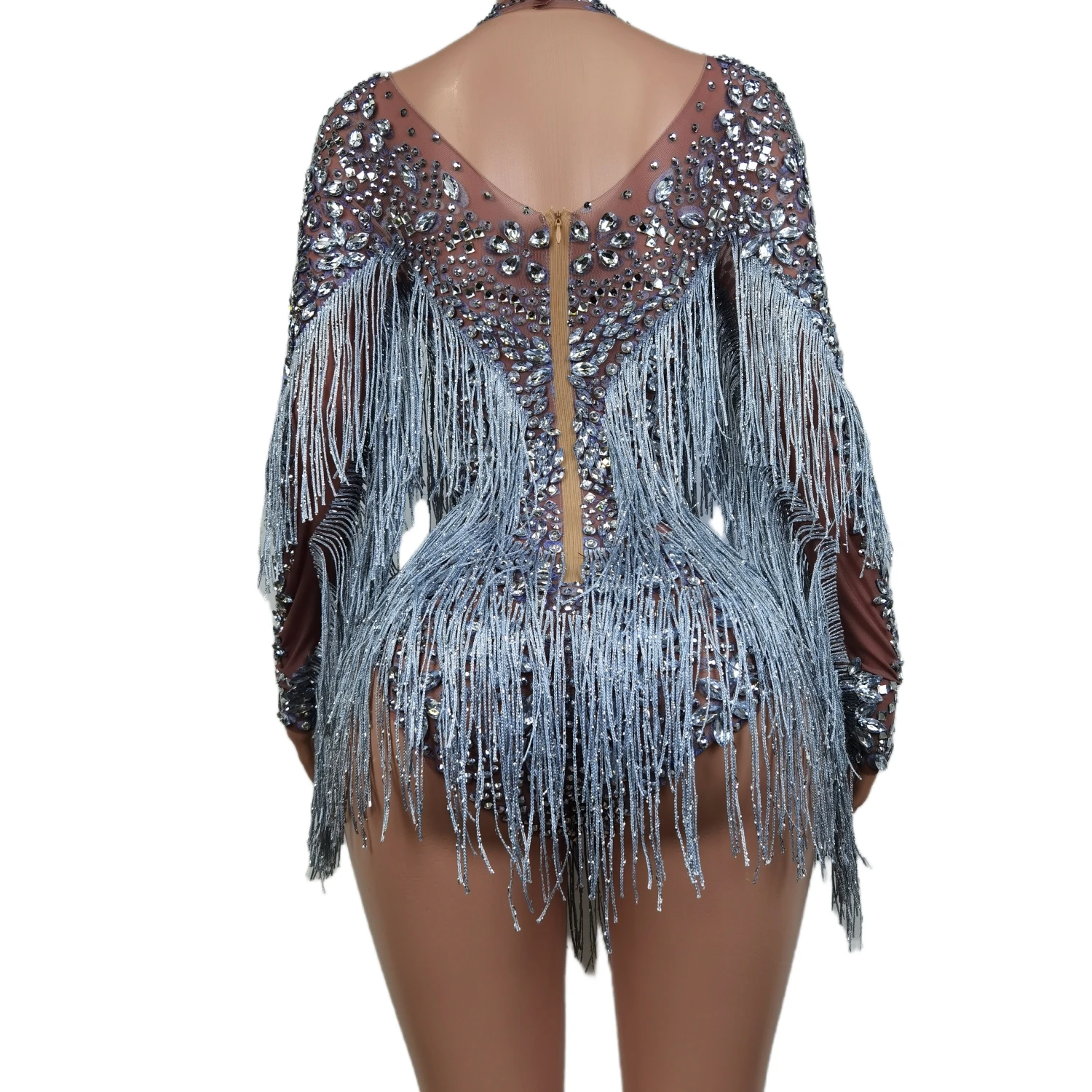 Designer See Through Tassel Sleeves Women Mesh One Piece Jumpsuits DS Dance Leotard Show Performance Costume Rhinestone Bodysuit