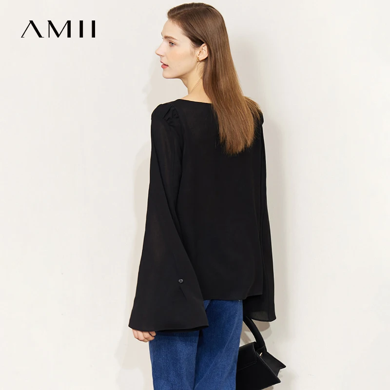 AMII Elegant Autumn Blouses Women New 2025 Solid Slash Neck Long Flare Sleeve Chiffon Shirts Female Fashion Office Lady 12541168