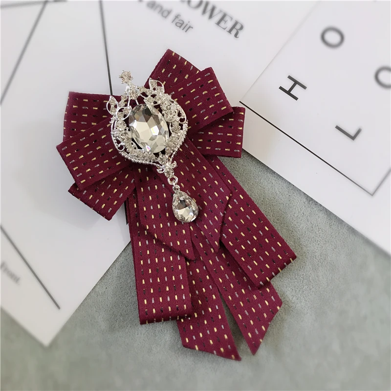 Mode Grote Boog Stropdas Kristal Kwastje Lint Kraag Met Broche Vrouwen Vintage Elegante Kostuum Sieraden Kraag Pin Rood Blauw