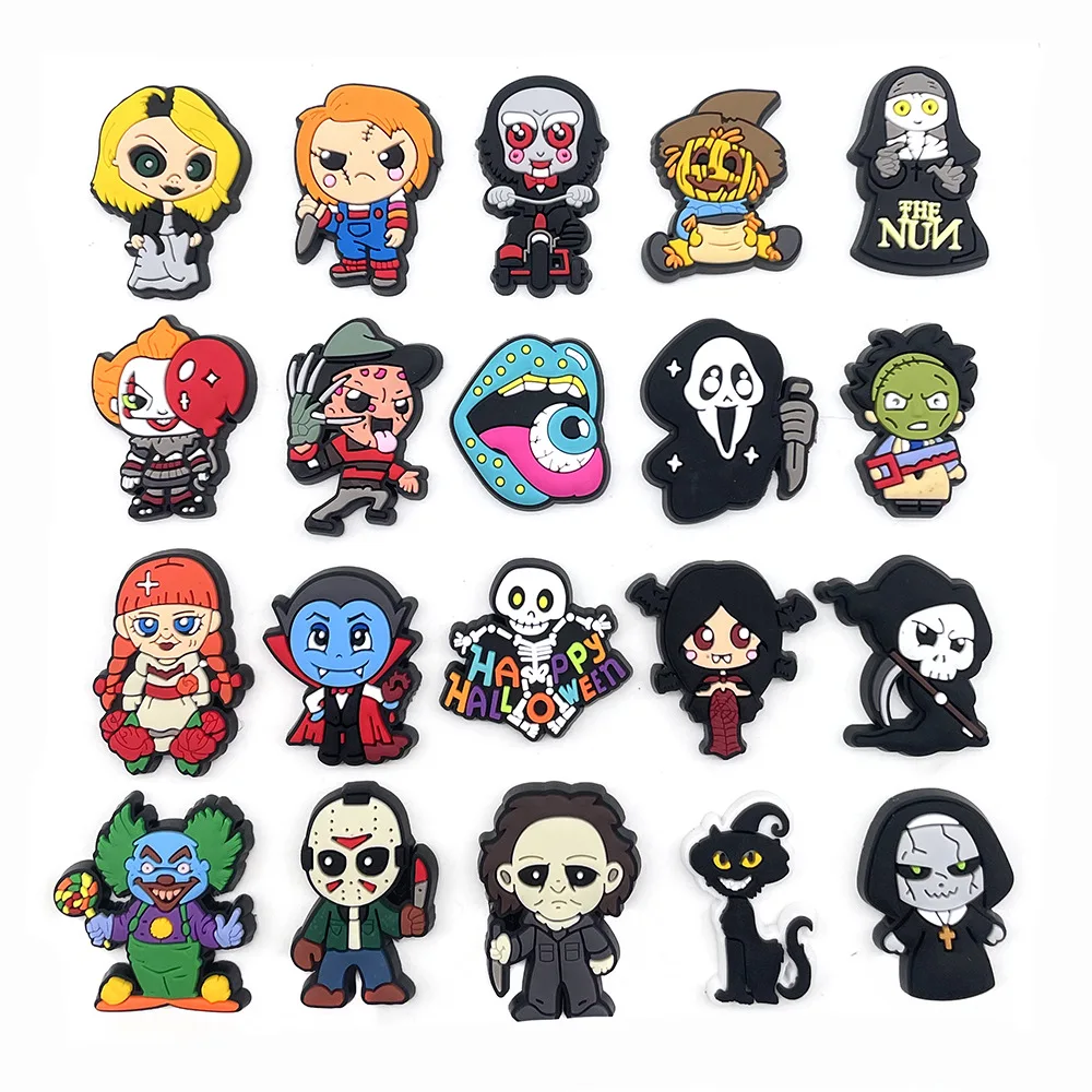 20Pcs Set Horror Halloween Movie Character Charms For Slides Sandals DIY Custom Accessories Soft PVC Horror theme decoration