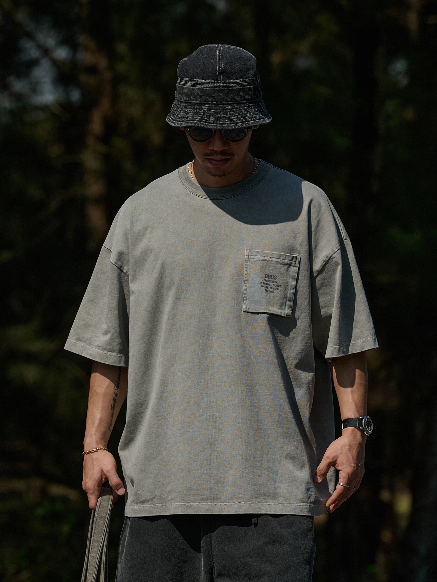Broshood Japanese Style Loose Fit Vintage Washed Pocket Print Short Sleeve round Neck T-Shirt Cotton Breathable Summer Tee
