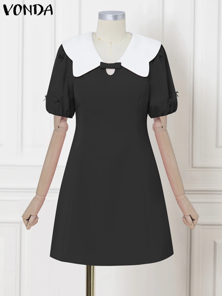 VONDA damska letnia sukienka jednokolorowa Sundress 2025 kobieta dorywczo kołnierzyk typu Peter-pan Vestidos luźna szata z krótkim rękawem A-Line