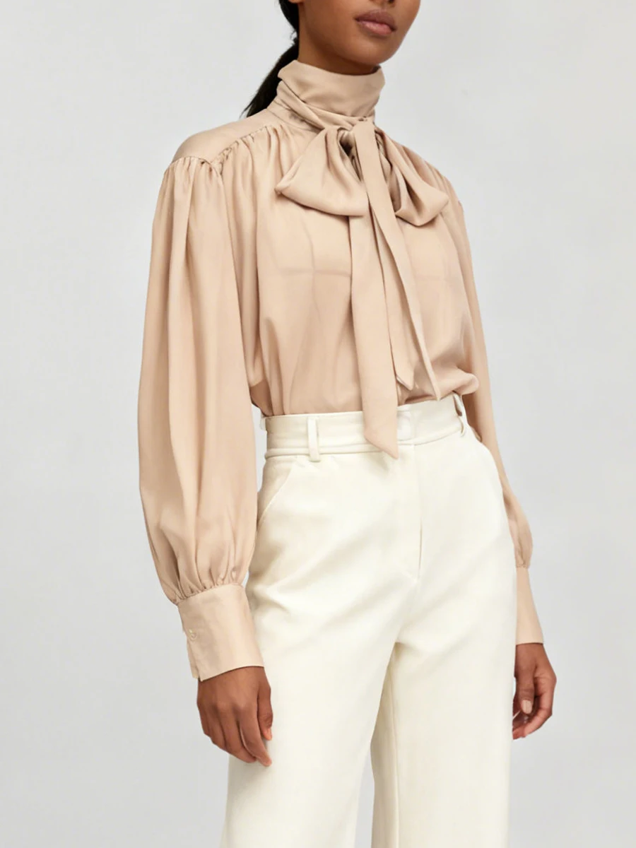 VGH Lose Falten Temperament Blusen Für Frauen Rundhals Langarm Herbst Casual Lace Up Solide Shirts Weibliche Mode Stil